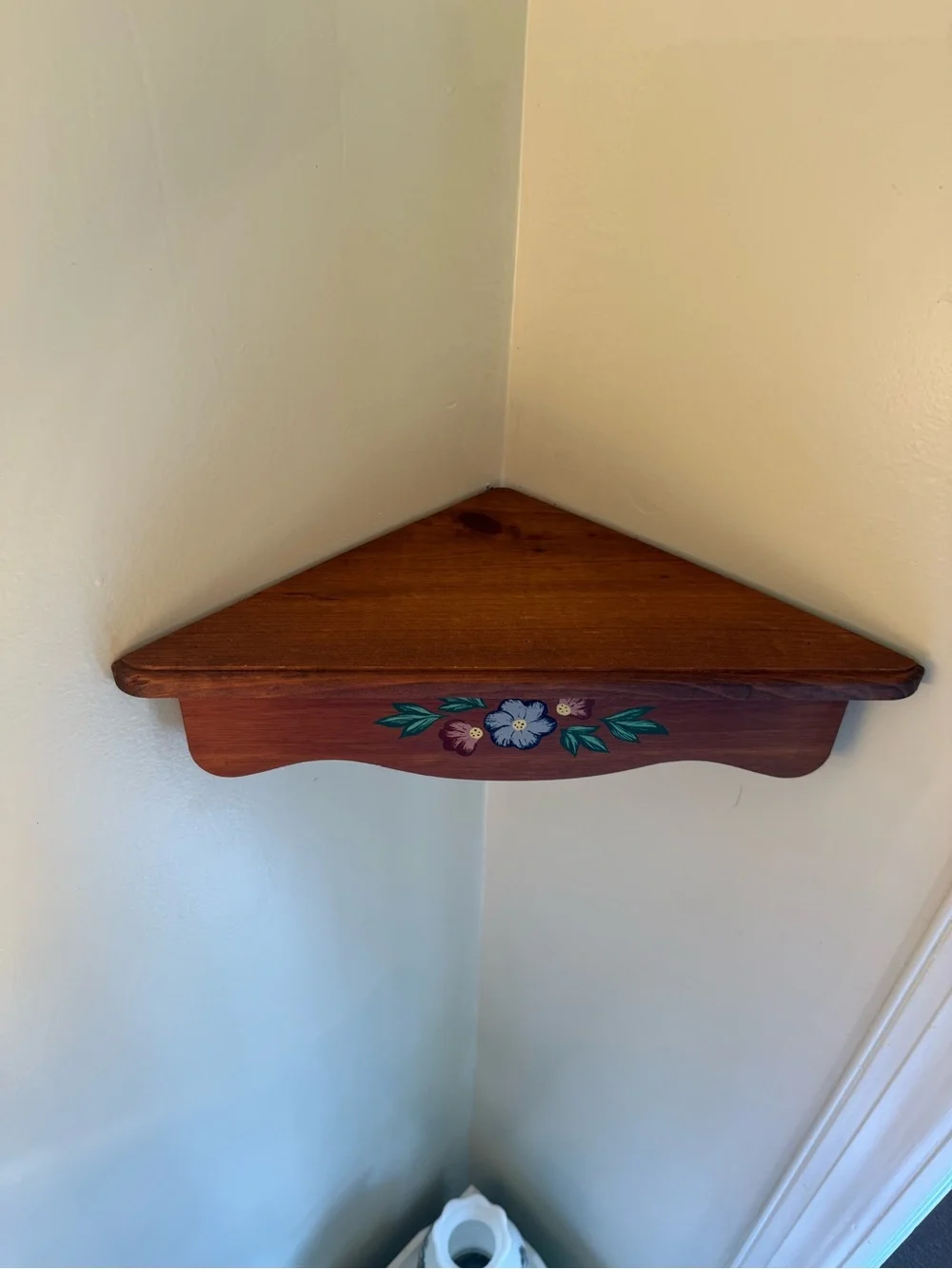 Vtg Wooden Corner Wall Shelf With Floral Design Flowers Wood Country Cottage